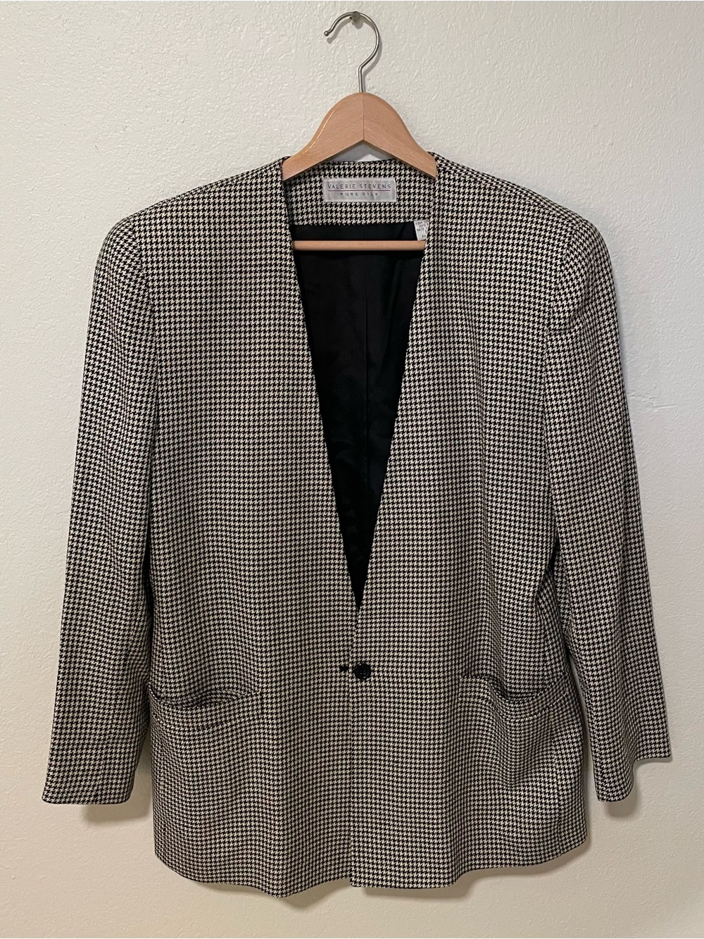 Vintage Valerie Stevens 100% Pure Silk Houndstooth Collarless Blazer Jacket 12